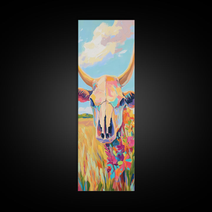 Pastel Cow Skull With Wildflowers Wall Art, Western Decor, Southwestern Canvas Print, Rustic Ranch Housewarming Gift For Her