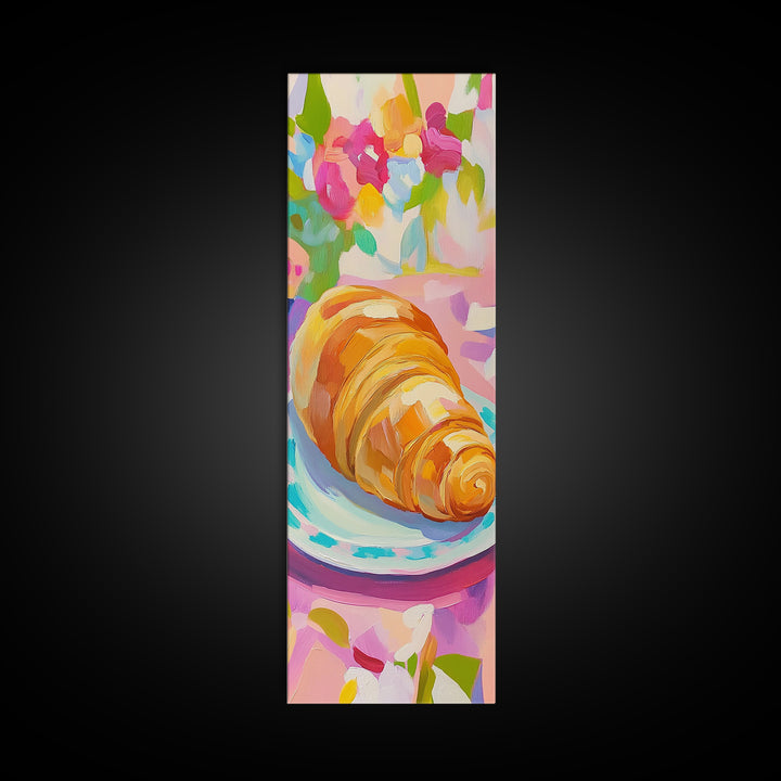 Golden Croissant On Floral Plate Canvas Print, French Bakery Wall Art, Modern Kitchen Decor, Patisserie Print, Food Lover Gift