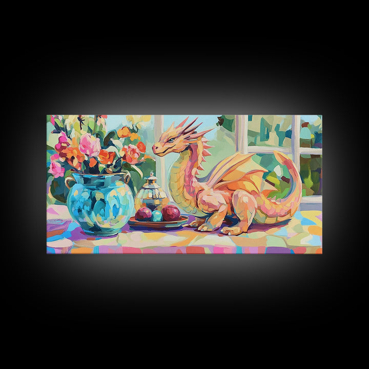 Whimsical Pink Dragon With Flowers Framed Canvas Print, Fantasy Wall Art, Nursery Decor, Girls Room Art, Unique Gift For Her