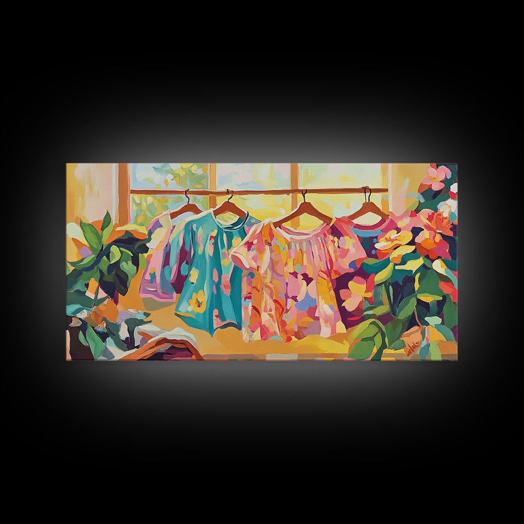 Bright Floral Dresses Hanging By Window Canvas Print, Fashion Wall Art, Feminine Wall Decor, Boutique Decor, Gift For Her