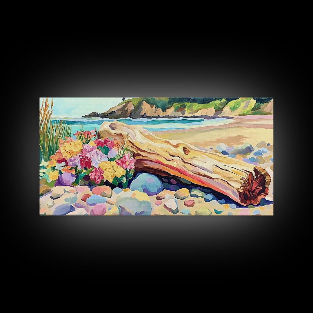Driftwood Log And Wildflowers On Beach Framed Canvas Print, Coastal Wall Art, Seascape Art, Beach House Decor, Ocean Print
