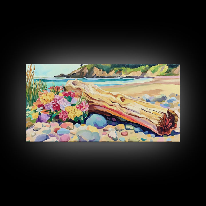 Driftwood Log And Wildflowers On Beach Framed Canvas Print, Coastal Wall Art, Seascape Art, Beach House Decor, Ocean Print