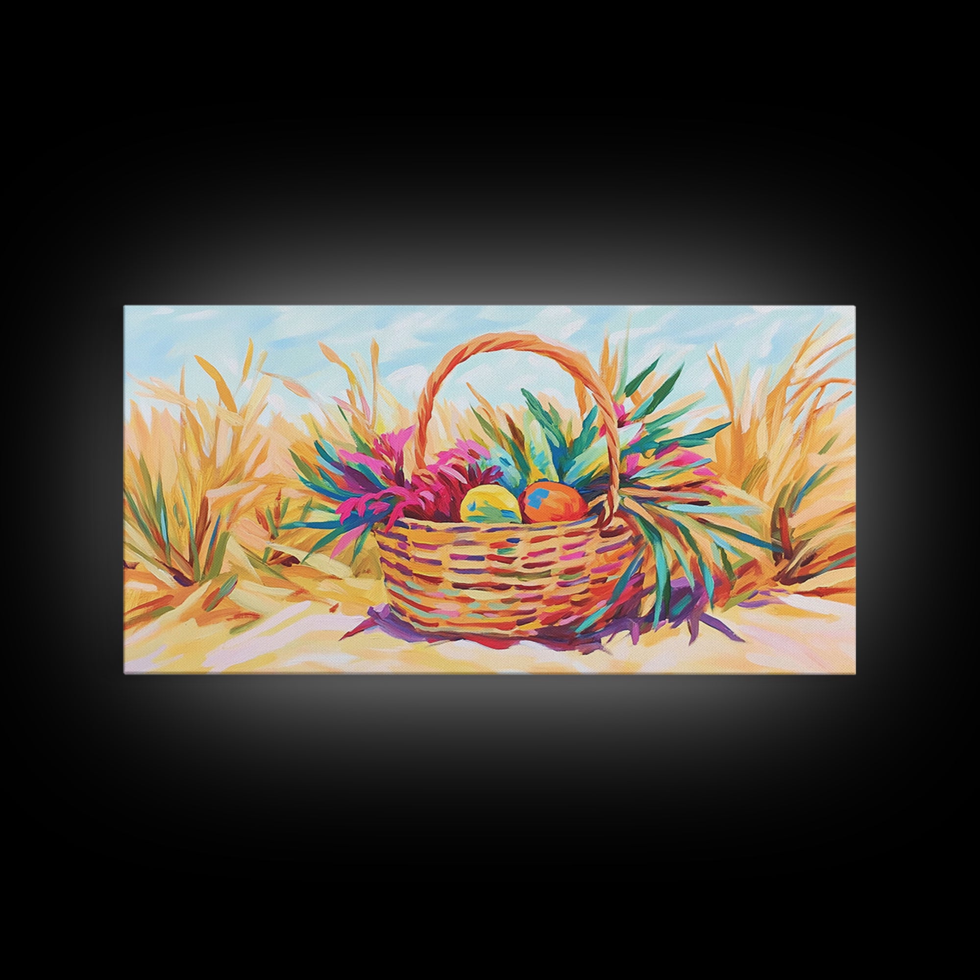 Beach Basket With Tropical Leaves Wall Art, Coastal Canvas Print, Summer Beach House Decor, Colorful Fruit Still Life Gift