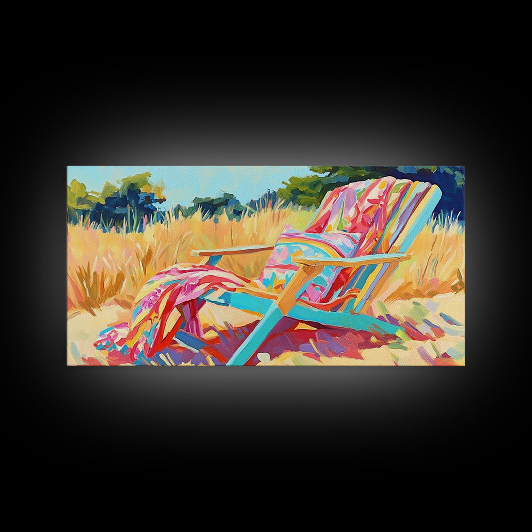 Colorful Beach Chair In Summer Grass Canvas Print, Coastal Wall Art, Beach House Decor, Summer Vibes, Relaxing Art Print