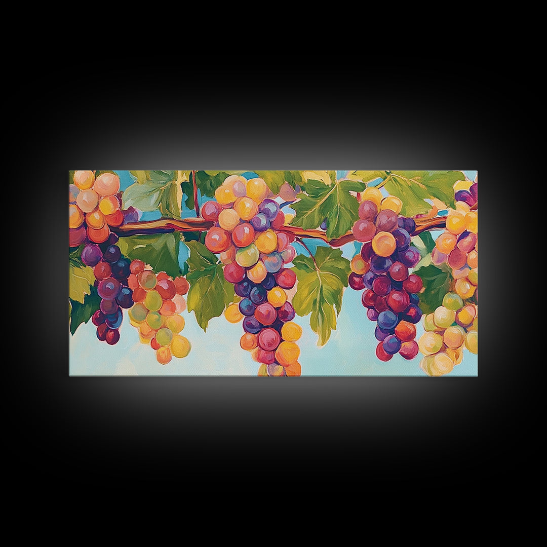 Sunlit Grape Clusters On Vine Framed Canvas Print, Vineyard Wall Art, Winery Decor, Colorful Kitchen Art, Wine Lover Gift