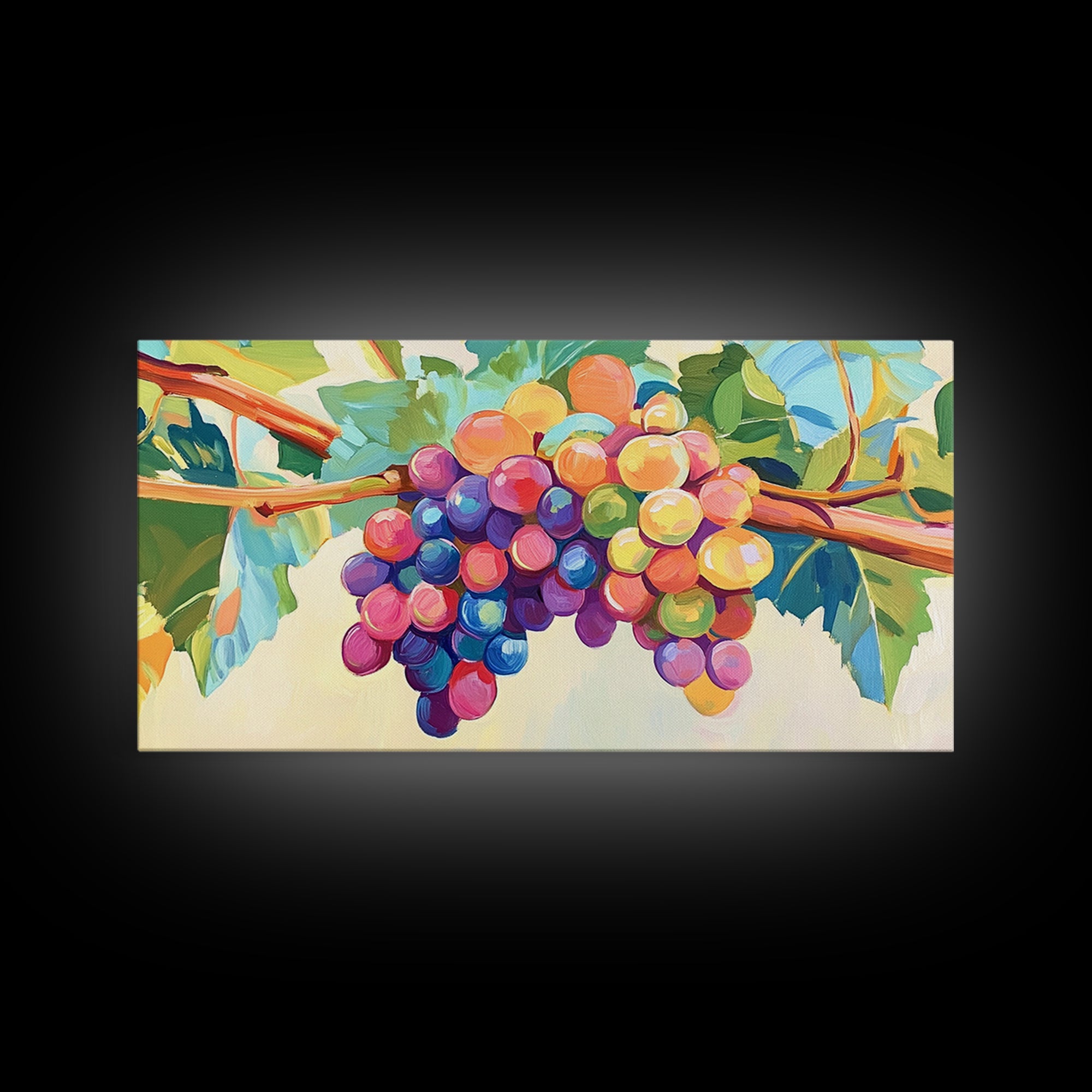 Bright Grape Bunches And Green Leaves Canvas Print, Vineyard Wall Art, Wine Kitchen Decor, Colorful Fruit Art, Winery Gift