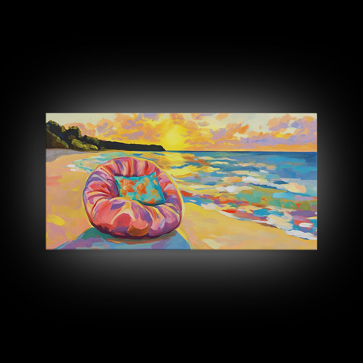 Sunset Beach Chair And Ocean Waves Wall Art, Coastal Canvas Print, Beach House Decor, Tropical Home Decor, Summer Wall Art