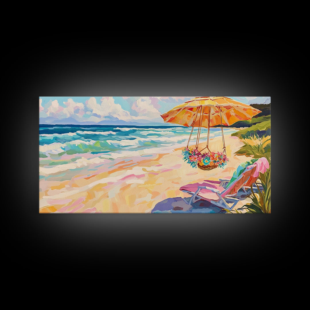 Sunny Beach Umbrella And Chair Framed Canvas Print, Coastal Wall Art, Ocean Decor, Beach House Living Room Art Gift, Summer Seascape