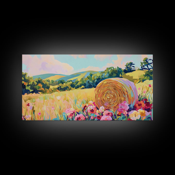 Golden Hay Bale Wildflower Meadow Canvas Print, Country Landscape Wall Art, Farmhouse Decor, Rustic Living Room Art Gift