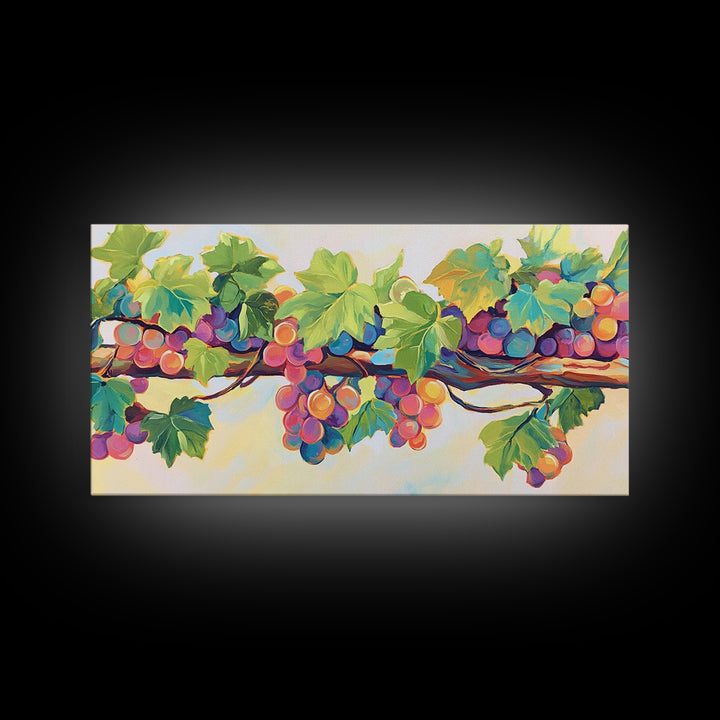 Sunlit Grapes And Green Vine Wall Art, Vineyard Canvas Print, Colorful Kitchen Decor, Rustic Farmhouse Dining Room Prints