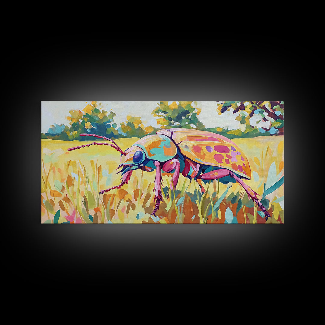 Iridescent Beetle In Golden Meadow Framed Canvas Print, Colorful Insect Wall Art, Nature Inspired Decor, Nature Lover Gift