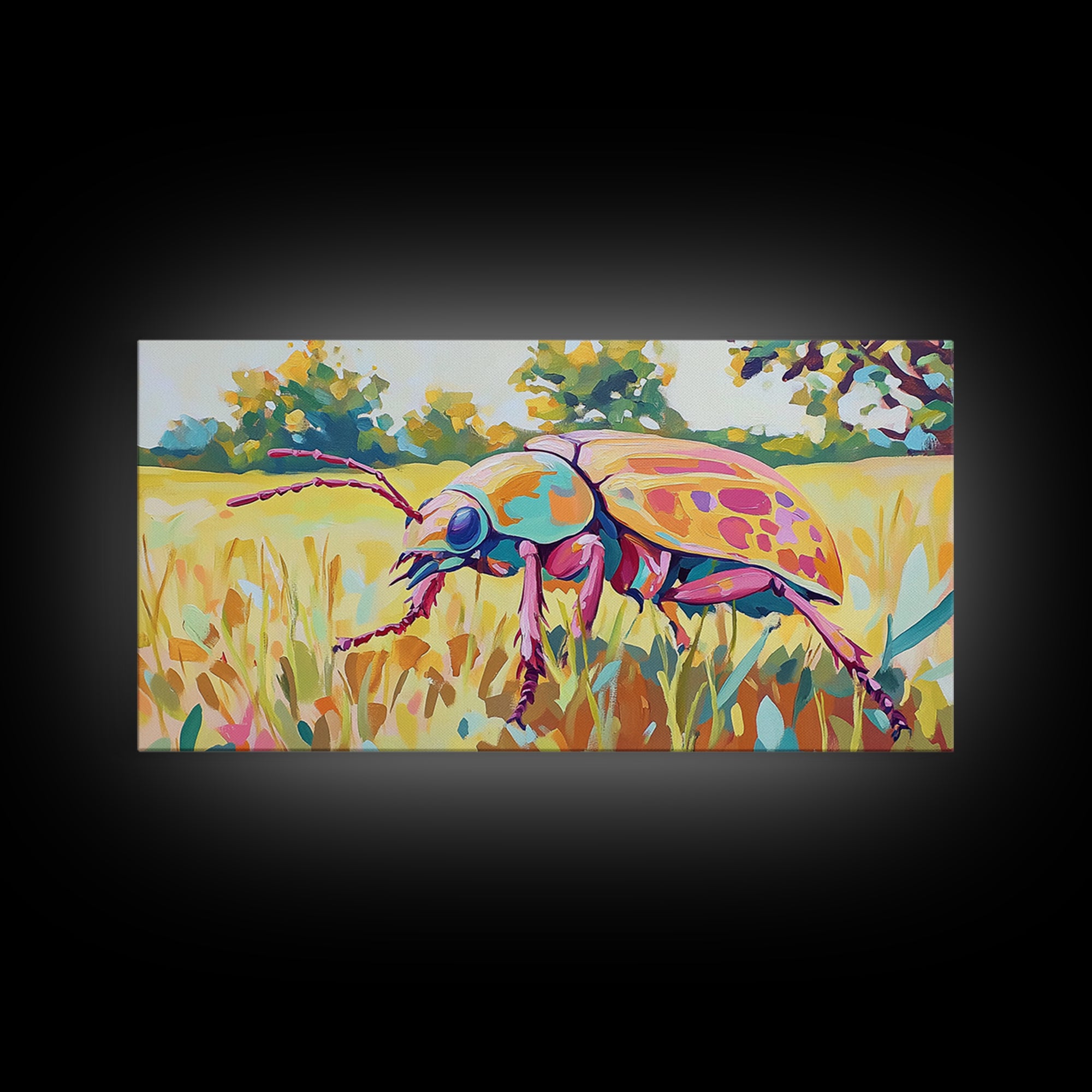 Iridescent Beetle In Golden Meadow Framed Canvas Print, Colorful Insect Wall Art, Nature Inspired Decor, Nature Lover Gift