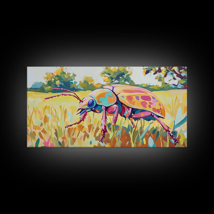 Iridescent Beetle In Golden Meadow Framed Canvas Print, Colorful Insect Wall Art, Nature Inspired Decor, Nature Lover Gift