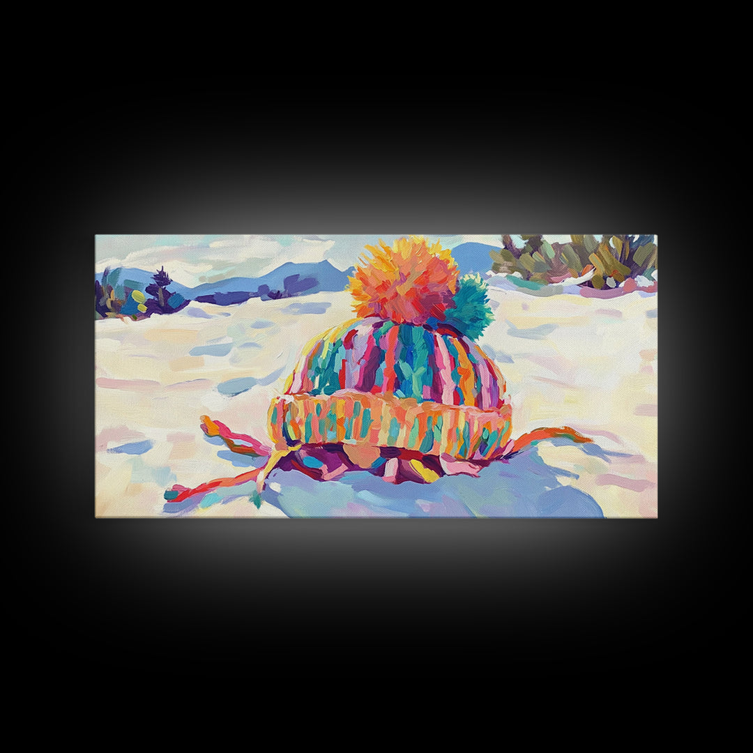 Striped Knit Hat In Snow Canvas Print, Cozy Winter Wall Art, Colorful Nursery Decor, Mountain Landscape, Housewarming Gift