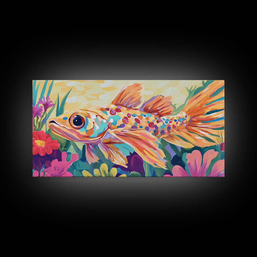 Colorful Goldfish Swimming Through Flowers Canvas Print, Whimsical Animal Wall Art, Ocean Nursery Decor, Bright Bathroom Art