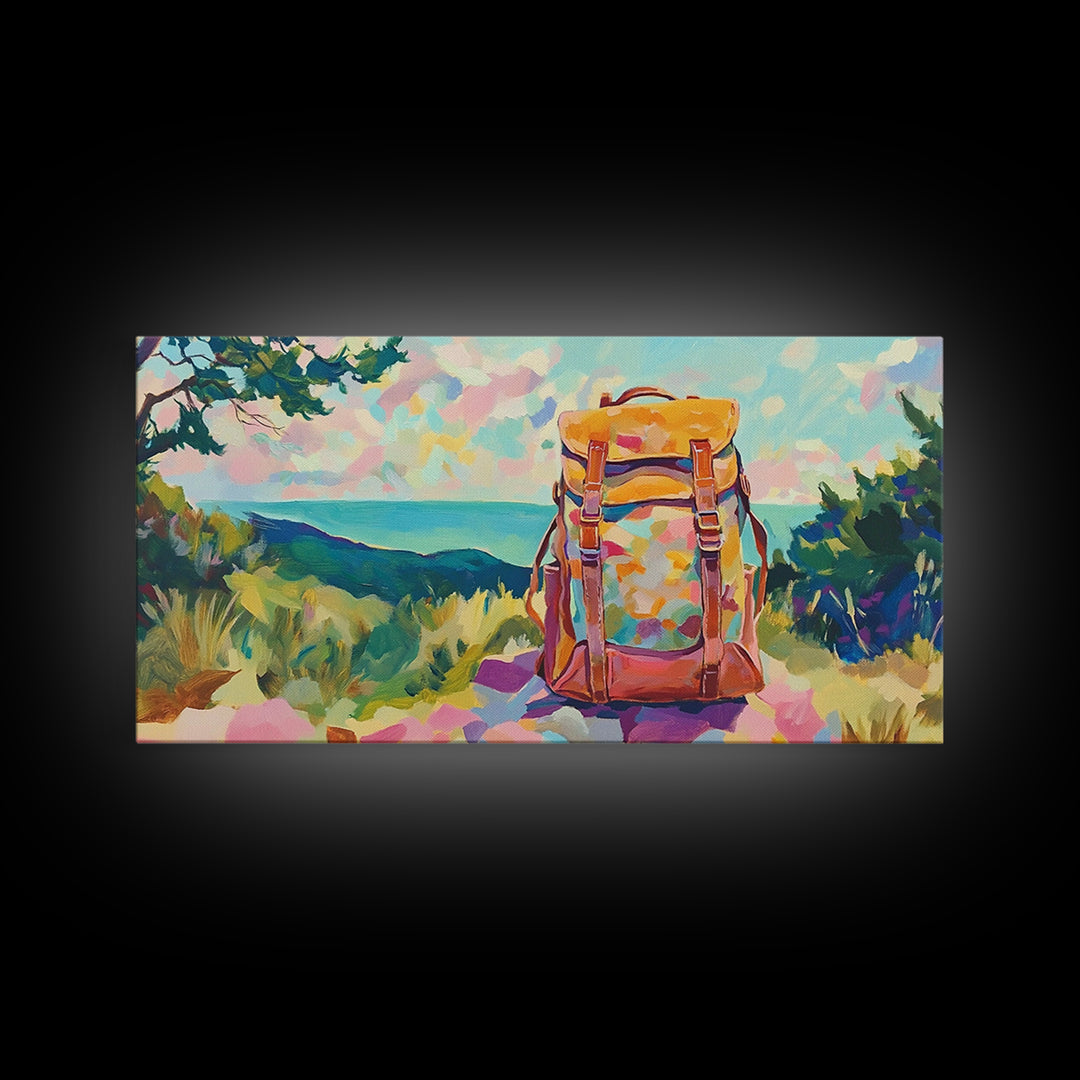 Floral Backpack Coastal Landscape Wall Art, Travel Inspired Art Print, Hiking Gift, Beach House Decor, Modern Nature Wall Decor