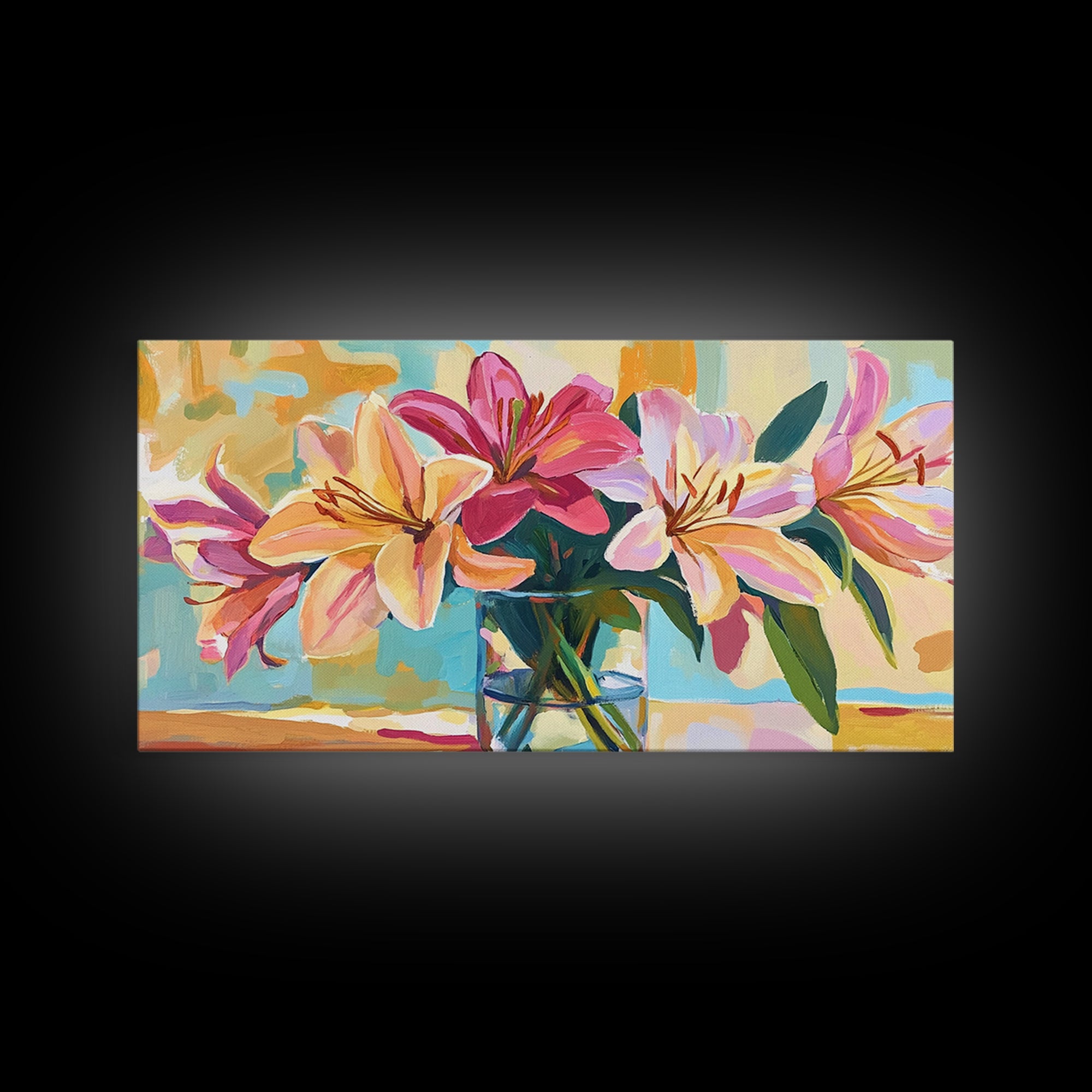 Pink Lilies In Glass Vase Framed Canvas Print, Floral Wall Art, Botanical Decor, Feminine Living Room Wall Decor, Gift For Her
