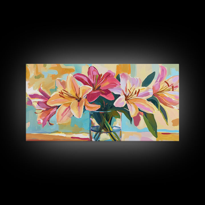 Pink Lilies In Glass Vase Framed Canvas Print, Floral Wall Art, Botanical Decor, Feminine Living Room Wall Decor, Gift For Her