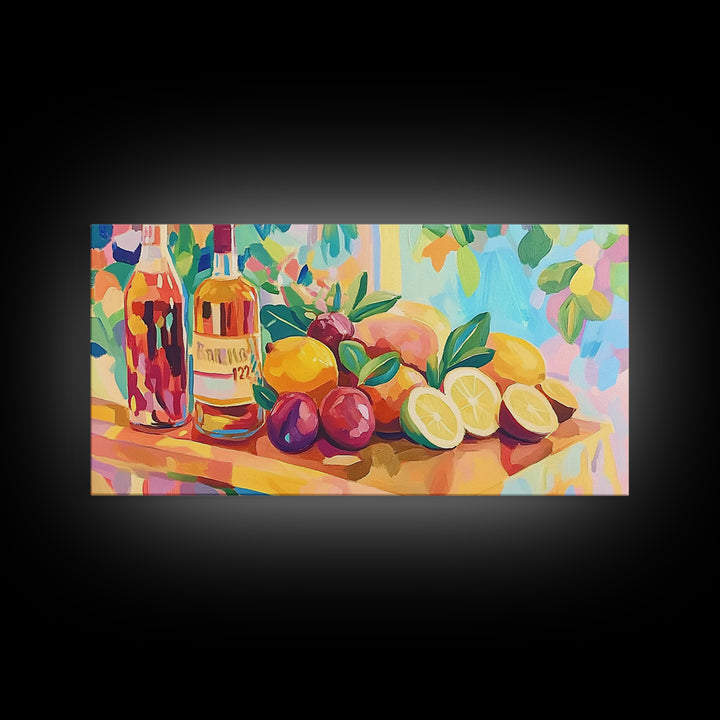 Colorful Citrus And Wine Still Life Canvas Print, Bright Kitchen Wall Art, Fruit Art Print, Dining Room Decor, Housewarming Gift