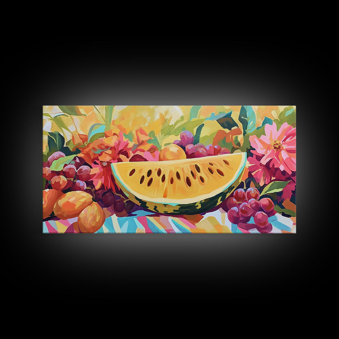 Sunny Watermelon And Summer Fruit Canvas Print, Colorful Kitchen Wall Art, Fruit Still Life, Dining Room Home Decor Gift