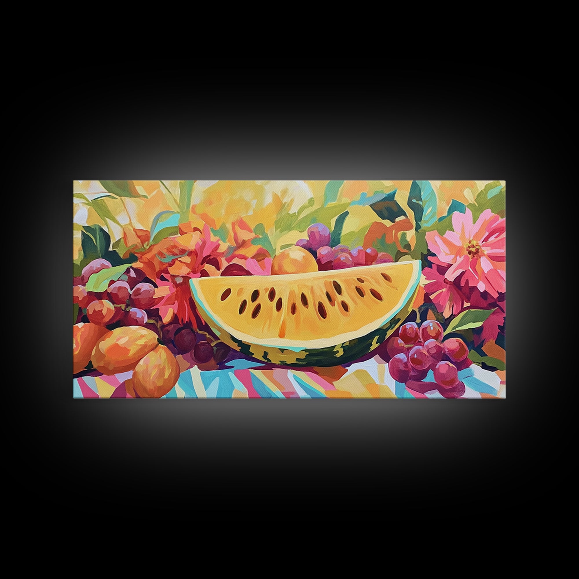 Sunny Watermelon And Summer Fruit Canvas Print, Colorful Kitchen Wall Art, Fruit Still Life, Dining Room Home Decor Gift