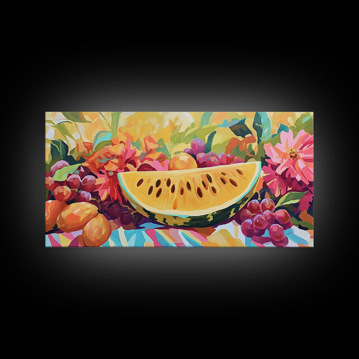 Sunny Watermelon And Summer Fruit Canvas Print, Colorful Kitchen Wall Art, Fruit Still Life, Dining Room Home Decor Gift