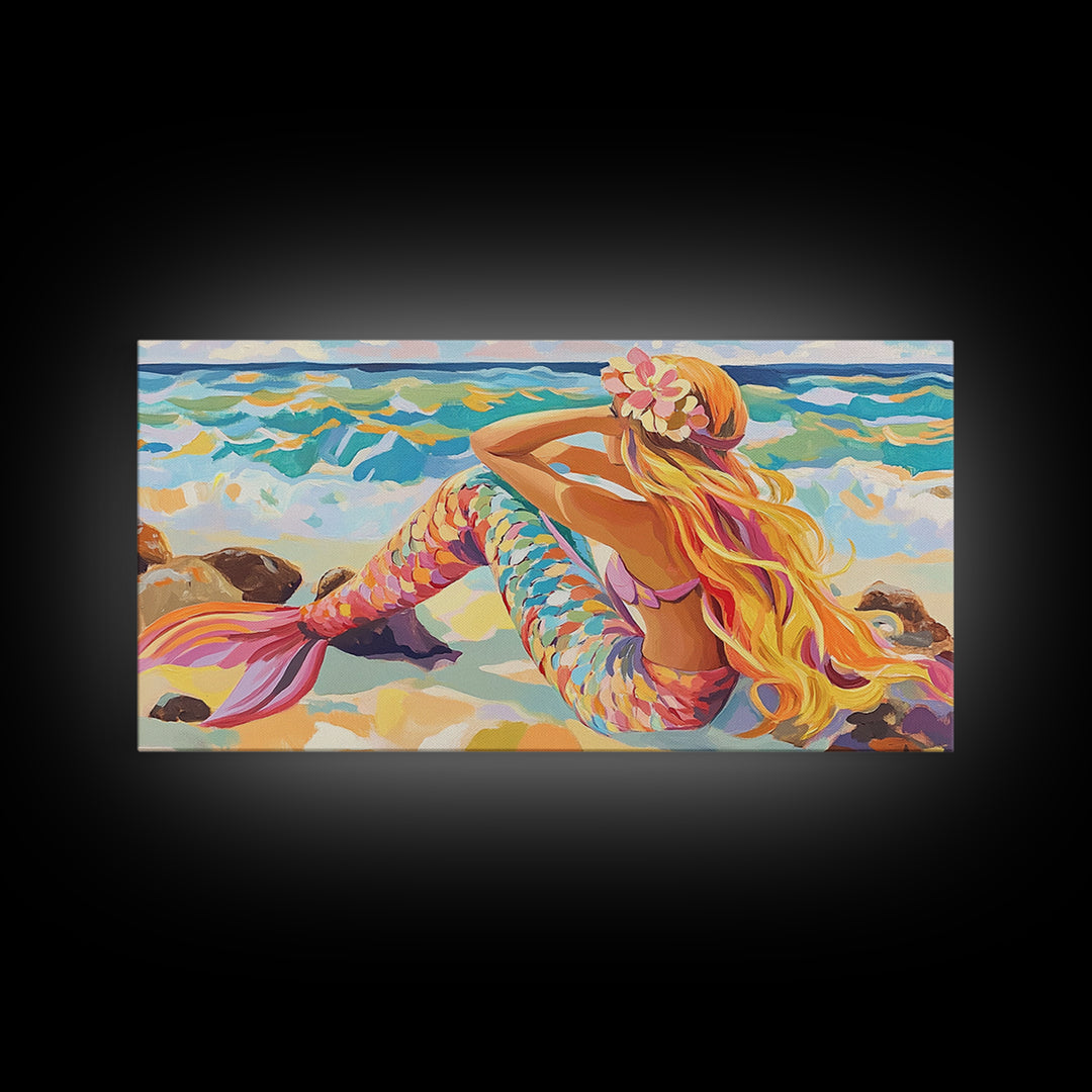 Blonde Mermaid On Sunny Beach Canvas Print, Fantasy Wall Art, Coastal Ocean Decor, Whimsical Nursery Or Bathroom Decor Gift