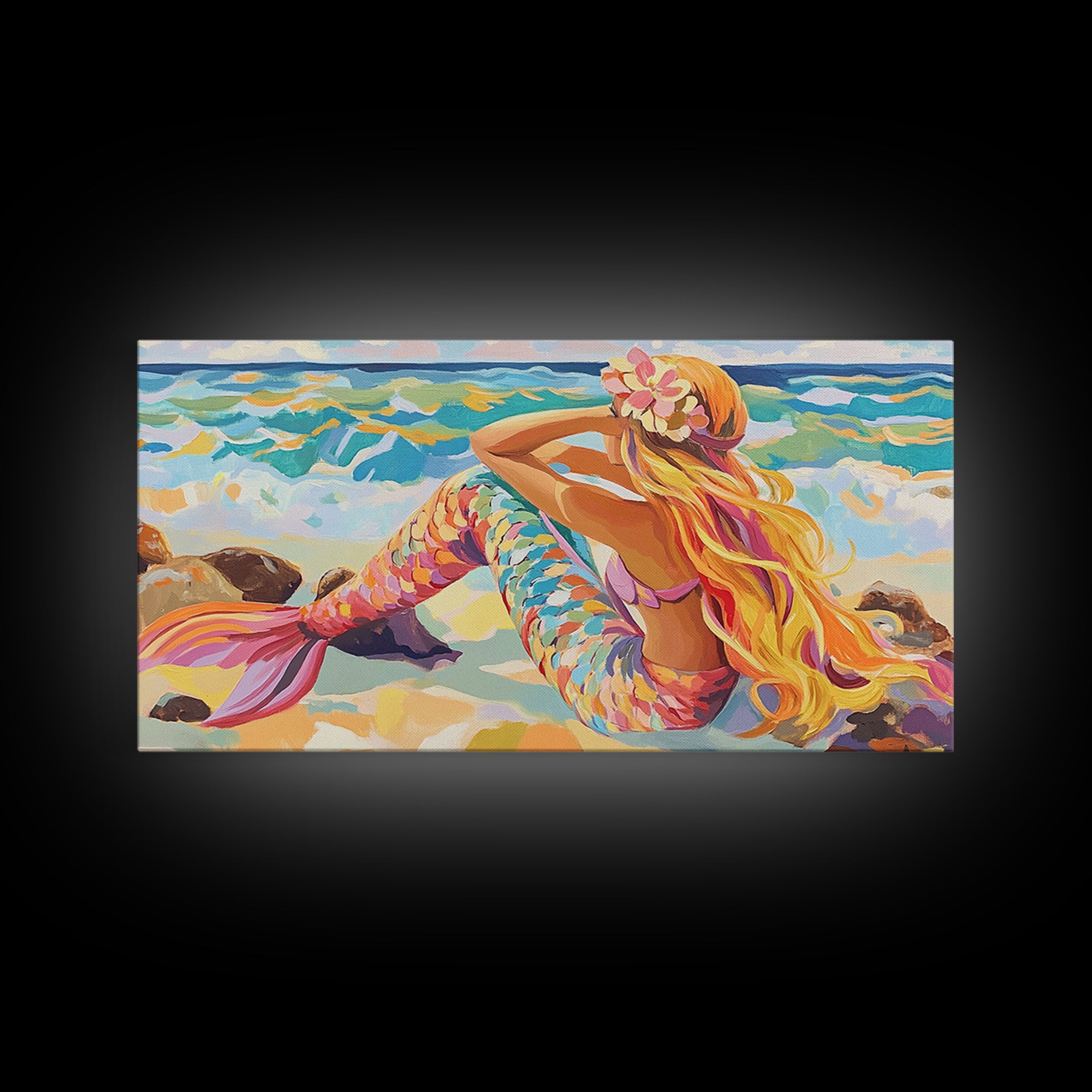 Blonde Mermaid On Sunny Beach Canvas Print, Fantasy Wall Art, Coastal Ocean Decor, Whimsical Nursery Or Bathroom Decor Gift
