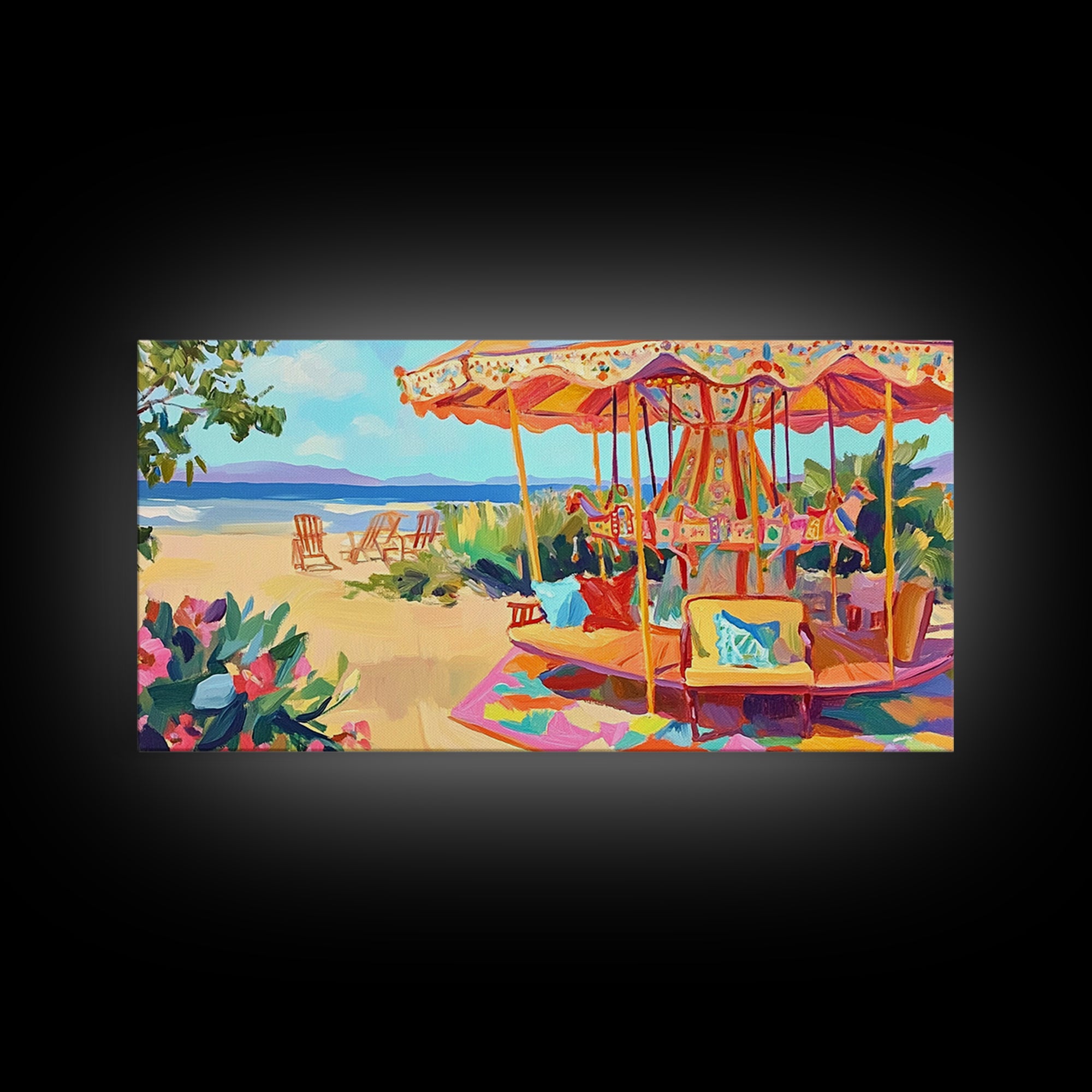 Beachside Carousel With Ocean Chairs Framed Canvas Print, Coastal Wall Art, Summer Beach Decor, Colorful Living Room Art
