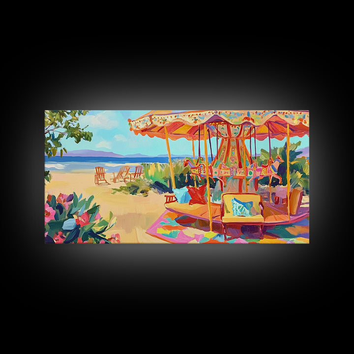 Beachside Carousel With Ocean Chairs Framed Canvas Print, Coastal Wall Art, Summer Beach Decor, Colorful Living Room Art