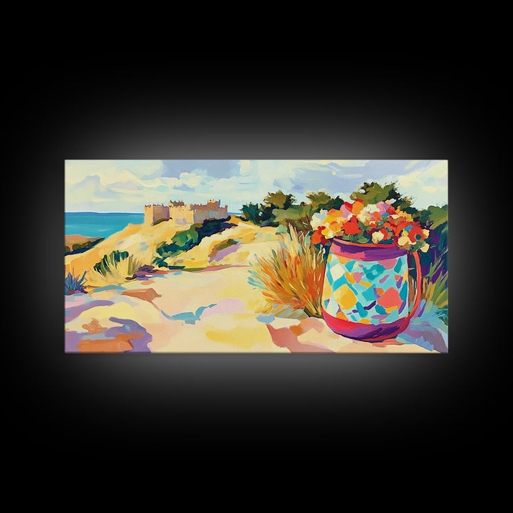 Seaside Dunes Castle And Mosaic Flower Pot Canvas Print, Coastal Wall Art, Beach House Decor, Summer Landscape Art Print