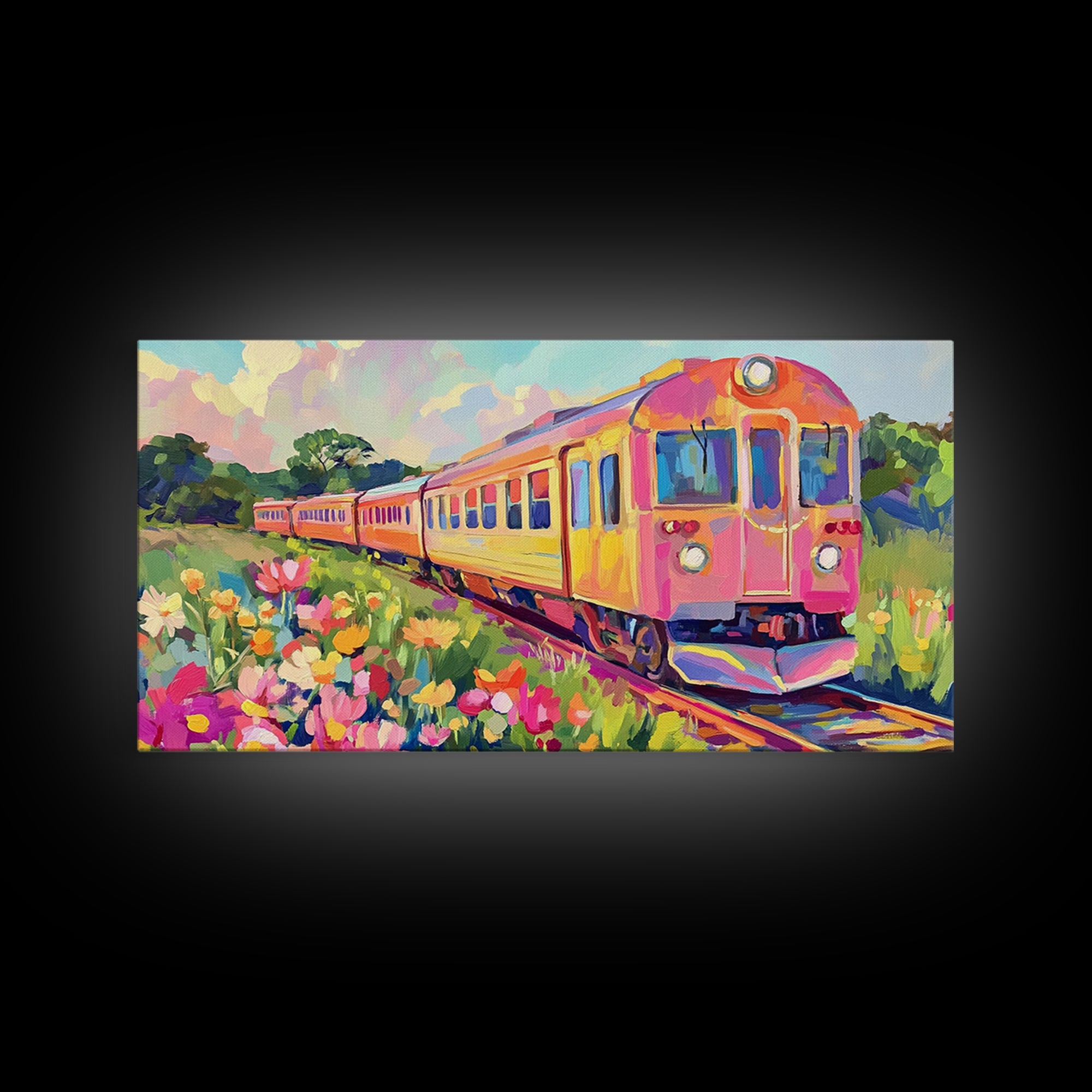 Pink Yellow Train Through Wildflower Meadow Framed Canvas Print, Colorful Wall Art, Travel Decor, Modern Landscape Art Print