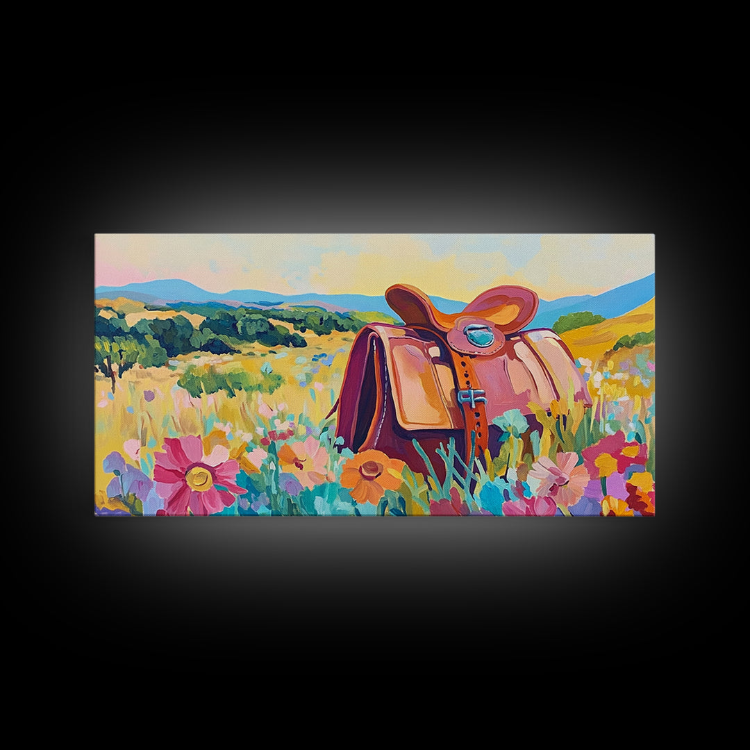 Western Saddle In Wildflower Meadow Wall Art, Cowgirl Canvas Print, Colorful Landscape Art, Rustic Ranch Home Decor Gift