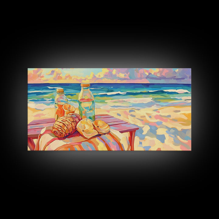 Beach Picnic With Croissants And Bottles Canvas Print, Coastal Wall Art, Ocean Seascape Art, Summer Kitchen Decor Gift For Her