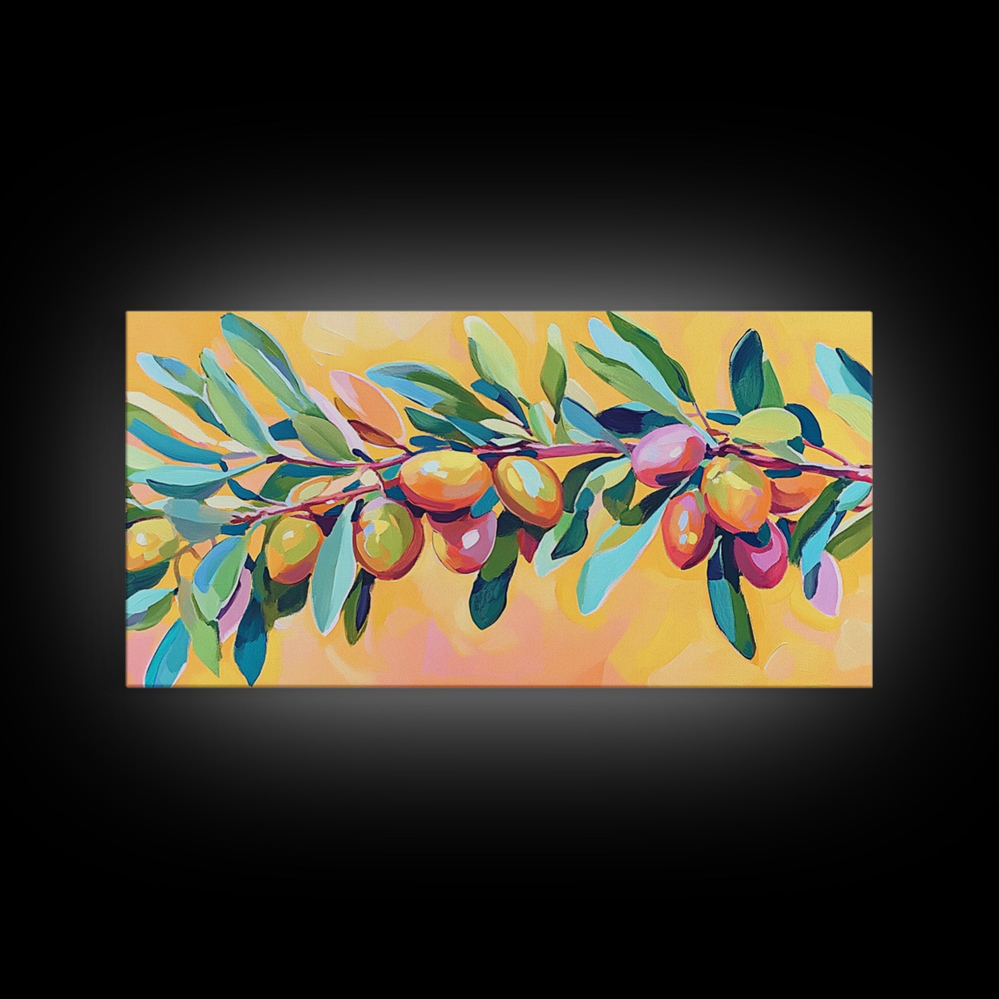 Olive Branch With Green Leaves And Golden Fruit Wall Art, Mediterranean Canvas Print, Botanical Kitchen Decor Gift For Her