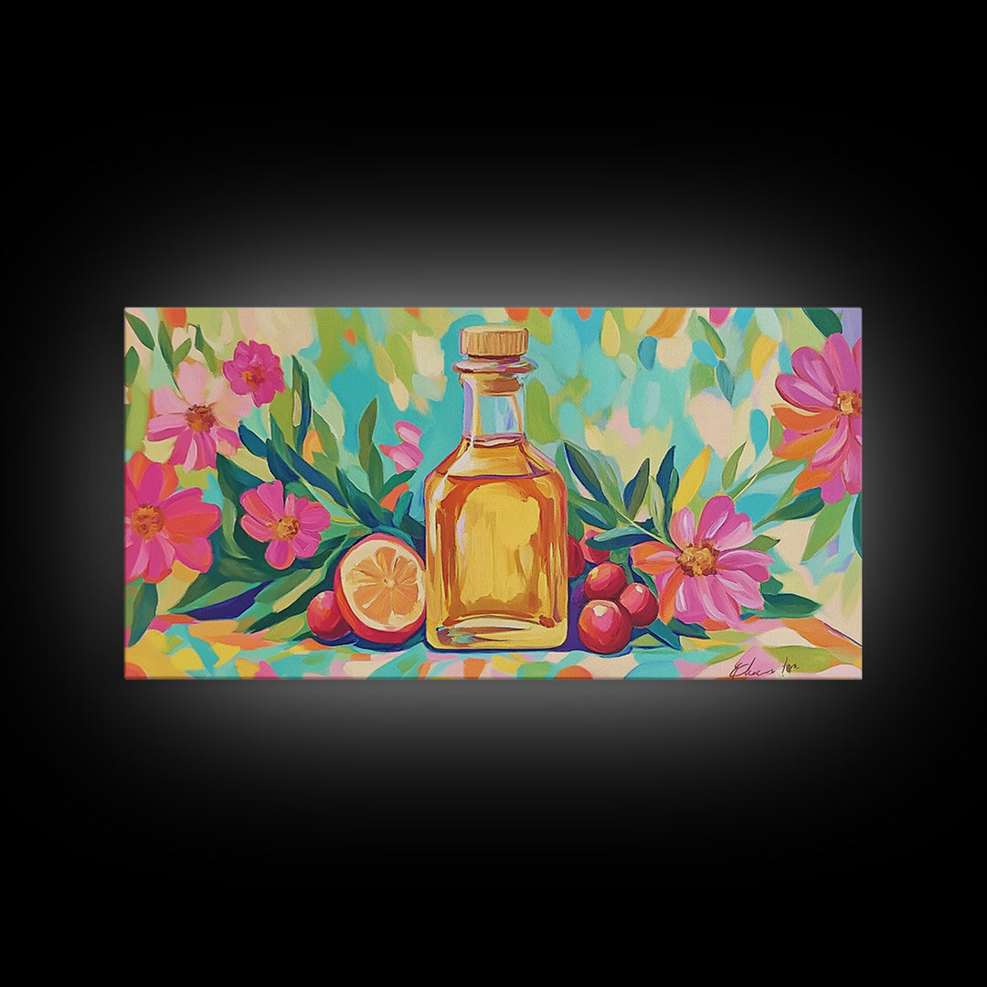 Olive Oil Bottle With Lemon And Pink Flowers Canvas Print, Mediterranean Wall Art, Botanical Kitchen Home Decor Gift For Her