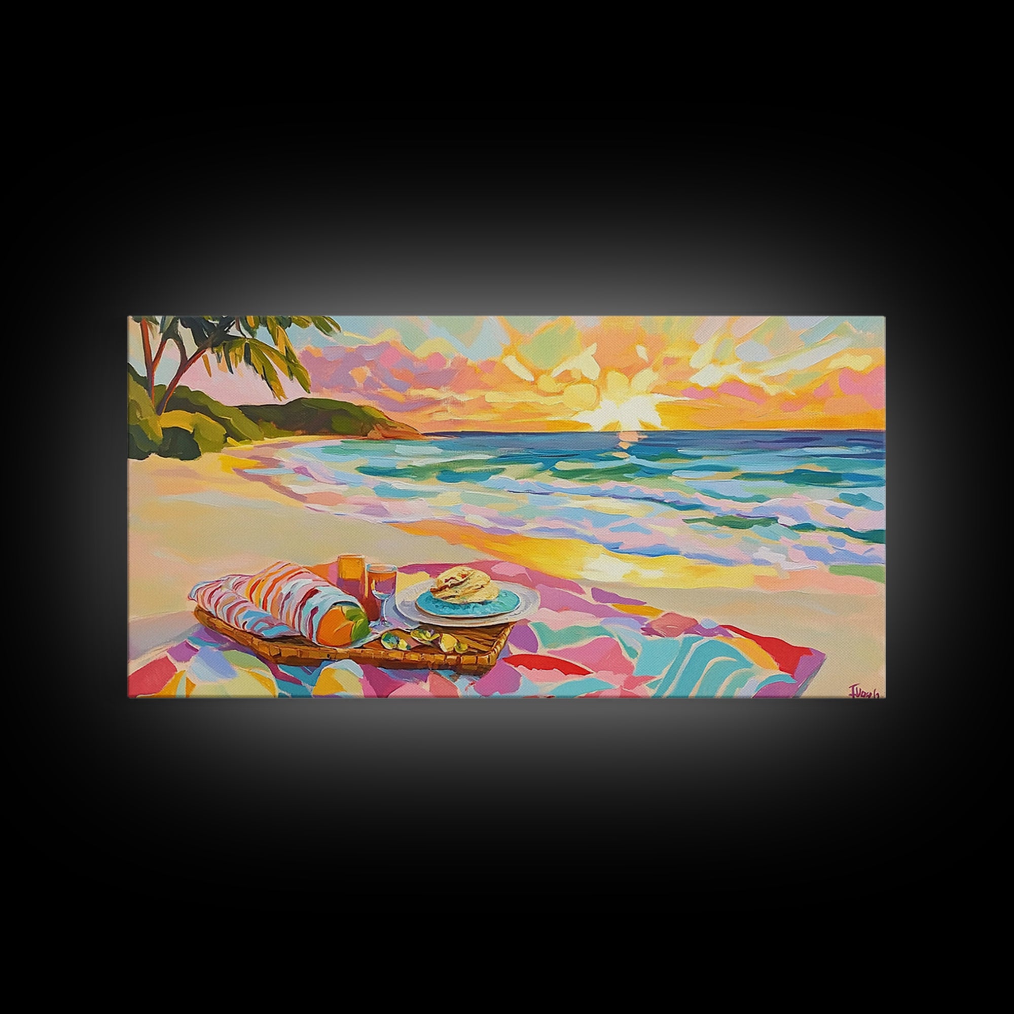 Tropical Beach Picnic At Sunset Canvas Print, Coastal Wall Art, Ocean Decor, Beach House Decor, Summer Wall Art, Gift For Her