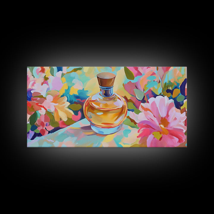 Elegant Perfume Bottle With Pink Daisy Canvas Print, Feminine Wall Art, Floral Wall Decor, Gift For Her, Romantic Decor Print