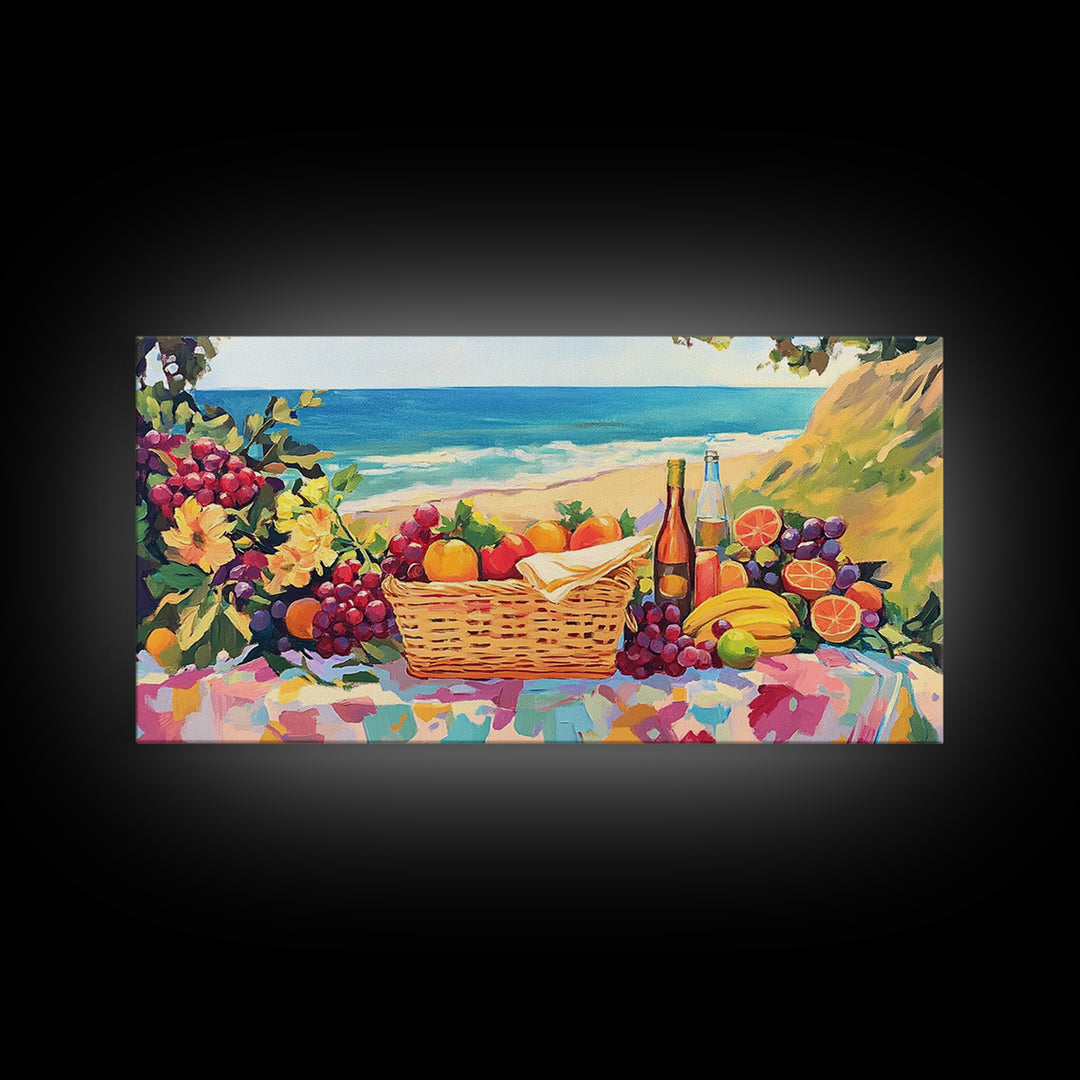 Seaside Picnic Basket Framed Canvas Print, Coastal Wall Art, Fruit And Wine Still Life, Beach House Kitchen Decor Gift For Her