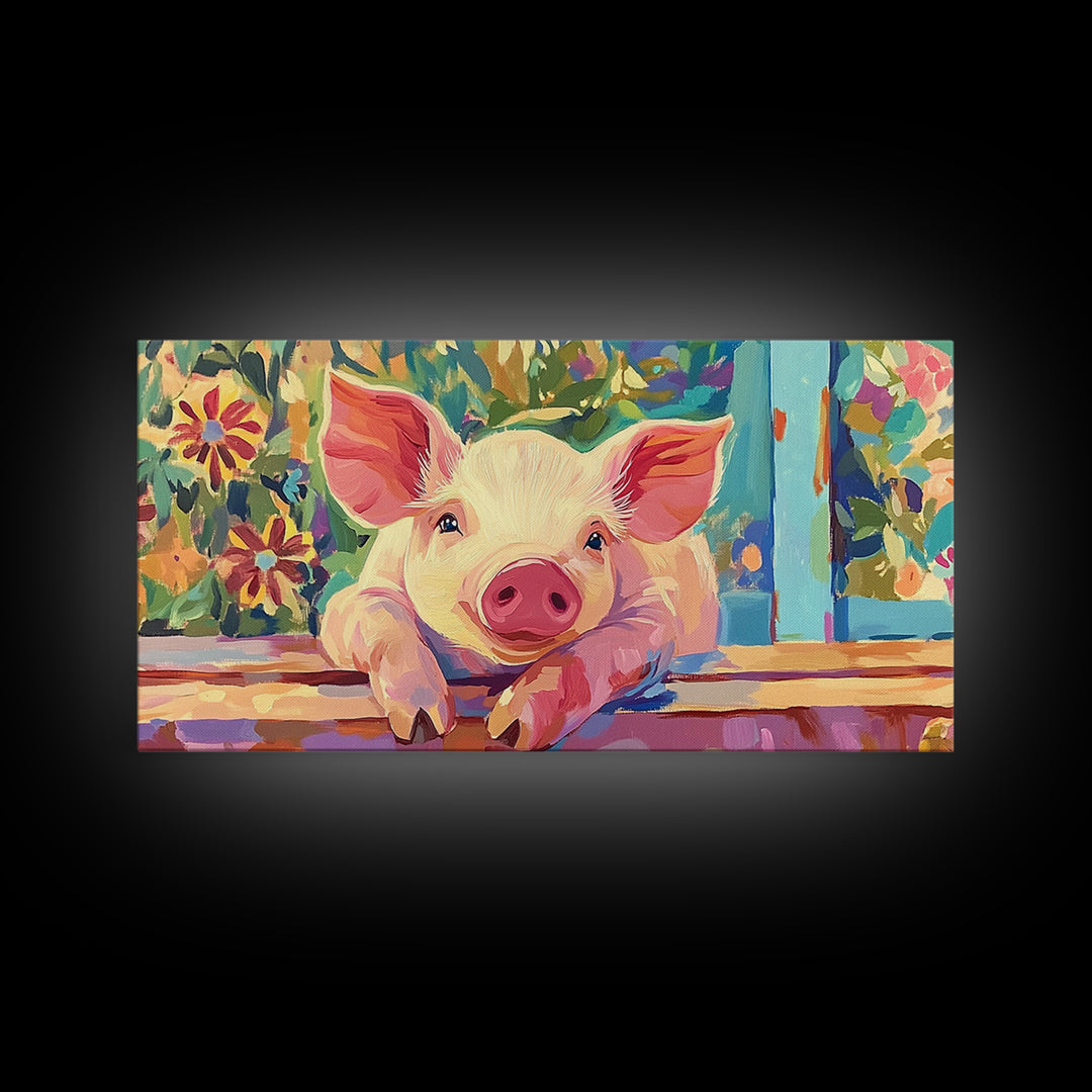 Piglet At Garden Fence Framed Canvas Print, Cute Farm Animal Wall Art, Floral Farmhouse Home And Nursery Decor, Gift For Her
