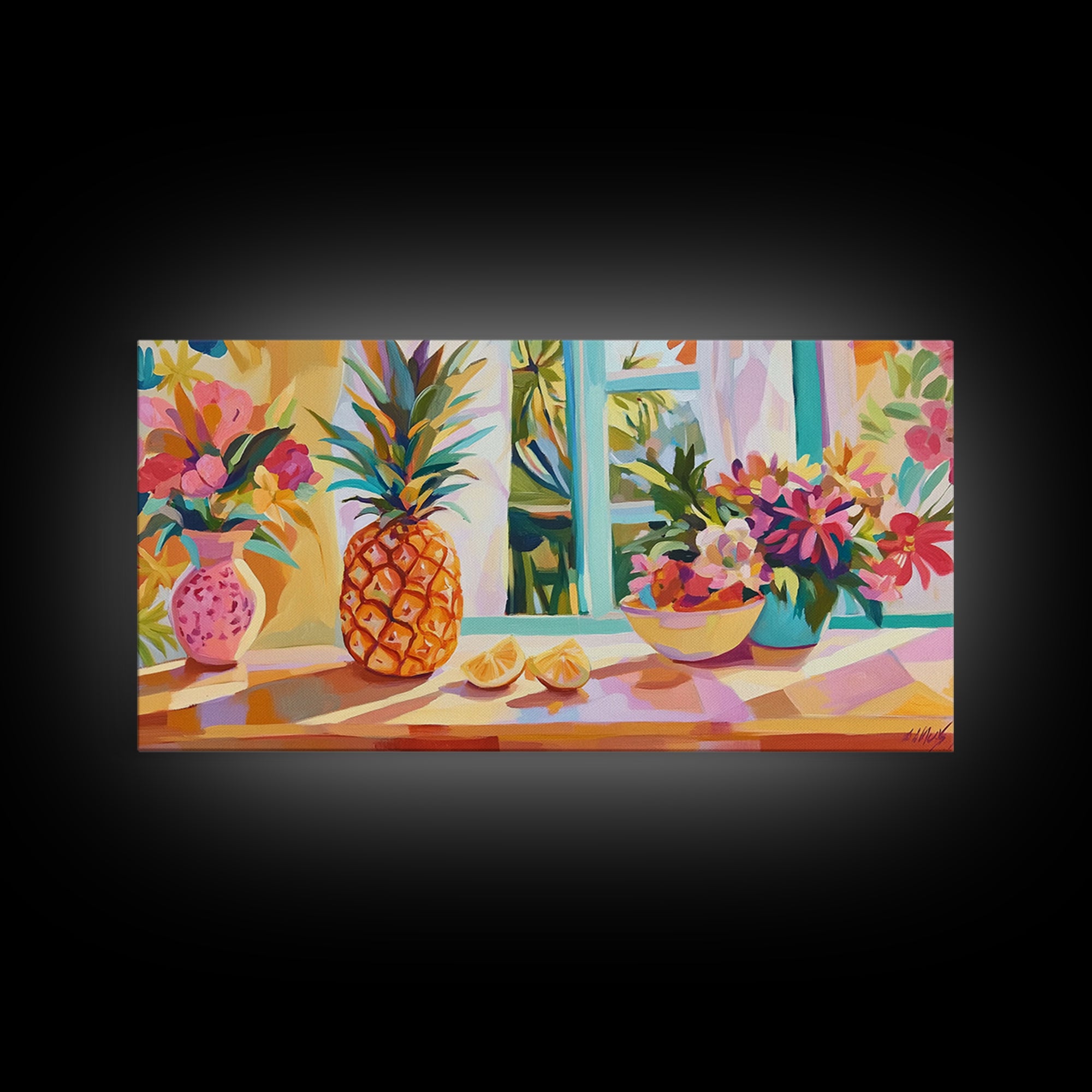 Pineapple And Tropical Flowers Canvas Print, Colorful Kitchen Wall Art, Summer Fruit Still Life, Coastal Home Decor Gift