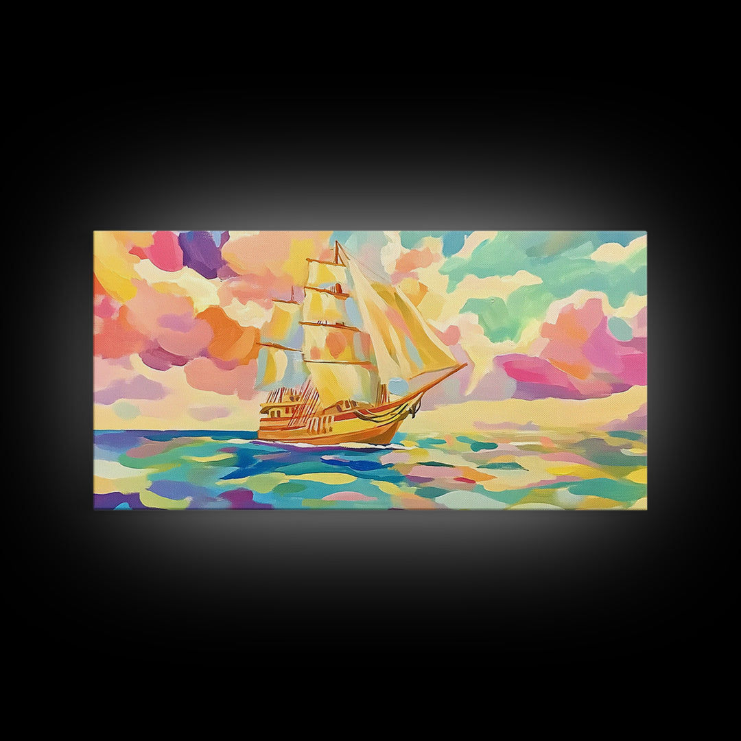 Pastel Sailboat On Turquoise Sea Canvas Print, Coastal Wall Art, Nautical Decor, Ocean Landscape, Beach House Gift For Living Room