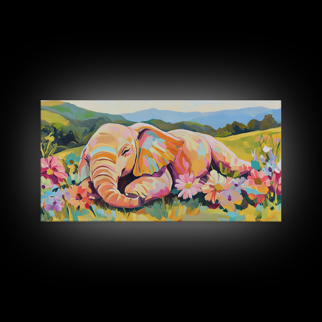 Sleeping Baby Elephant In Flower Meadow Framed Canvas Print, Safari Nursery Wall Art, Whimsical Animal Art, Kids Room Decor