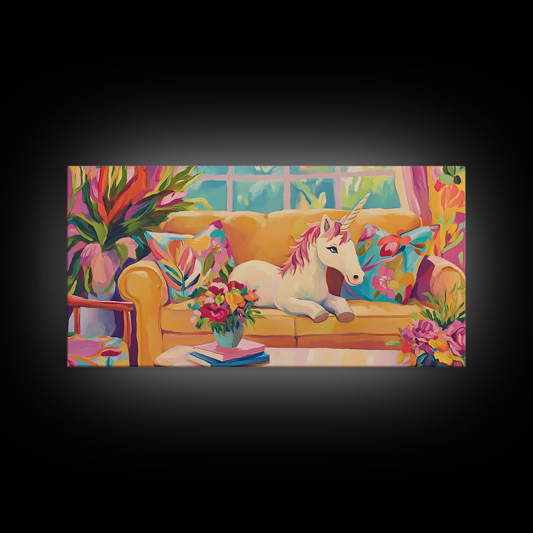 White Unicorn Lounging On Yellow Sofa Wall Art, Whimsical Nursery Art Print, Girls Room Decor, Fantasy Home Decor, Unique Gift