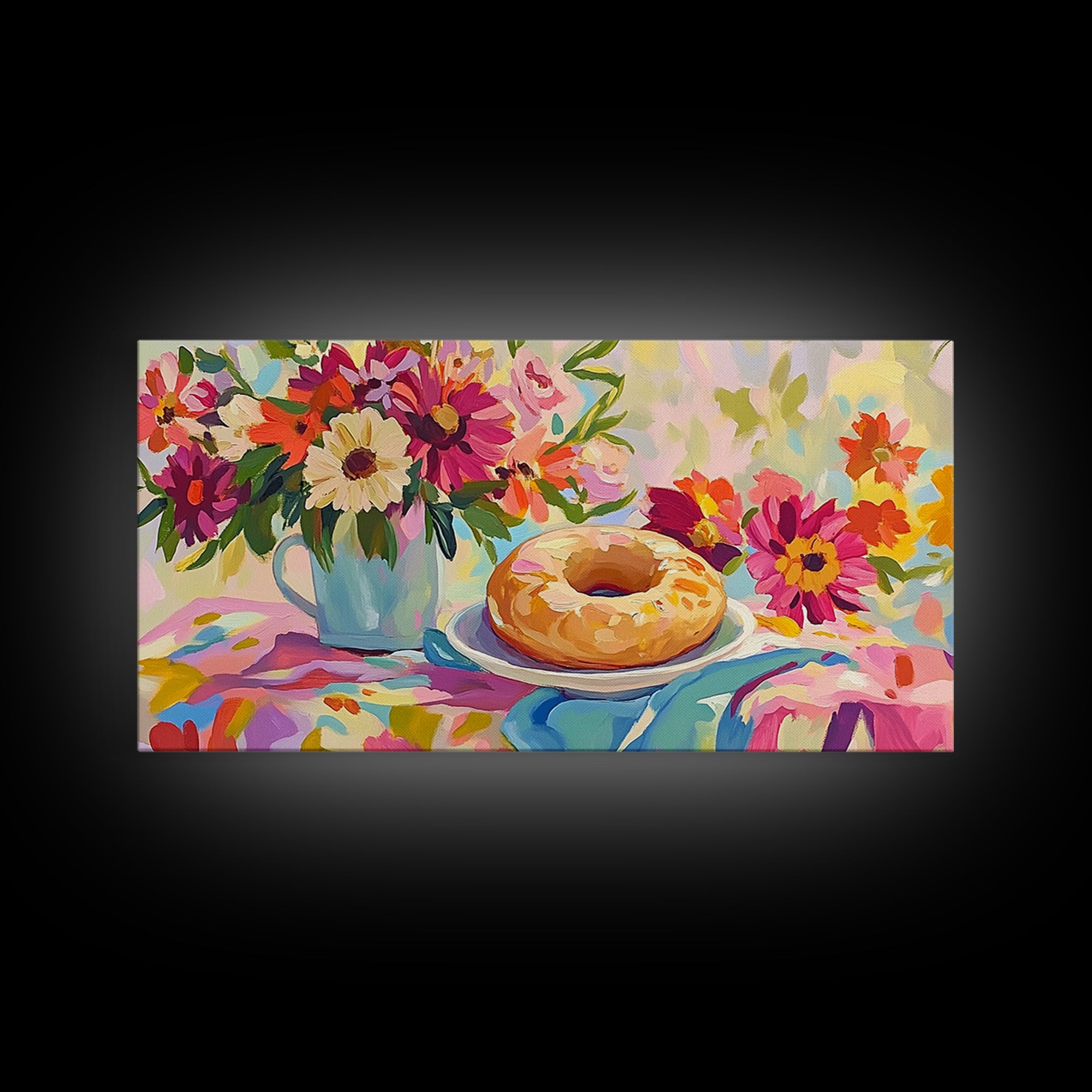 Glazed Donut And Garden Flowers Canvas Print, Bakery Wall Art, Cheerful Kitchen Decor, Colorful Breakfast Nook Art, Housewarming Gift