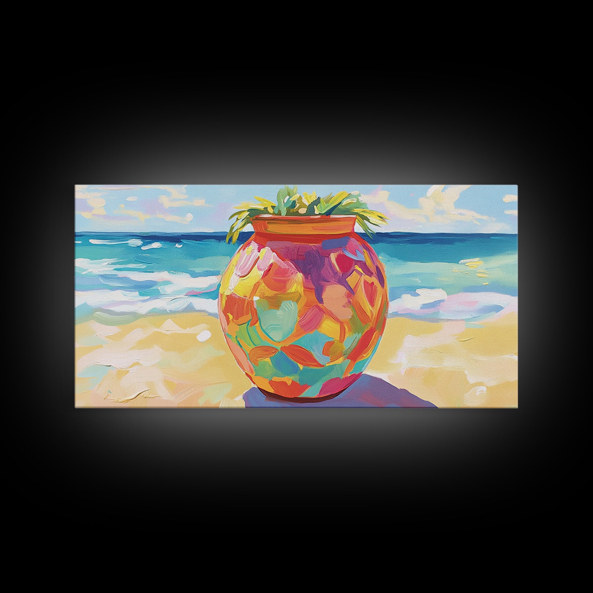 Painted Beach Planter With Ocean View Canvas Print, Coastal Wall Art, Tropical Beach House Decor, Colorful Summer Art Gift