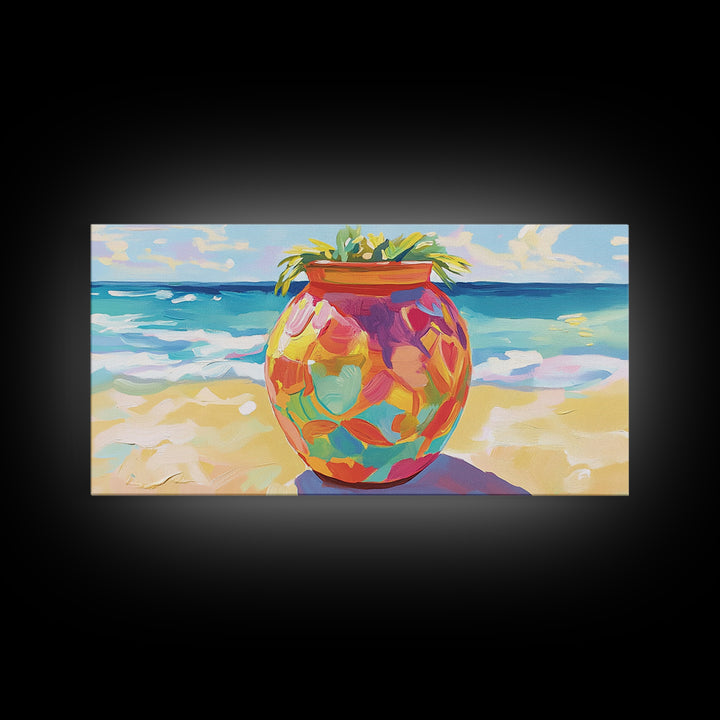 Painted Beach Planter With Ocean View Canvas Print, Coastal Wall Art, Tropical Beach House Decor, Colorful Summer Art Gift
