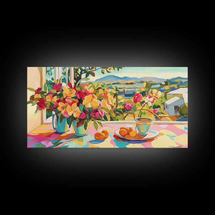 Sunny Terrace Flowers And Citrus Canvas Print, Mediterranean Wall Art, Italian Countryside Decor, Colorful Dining Room Print