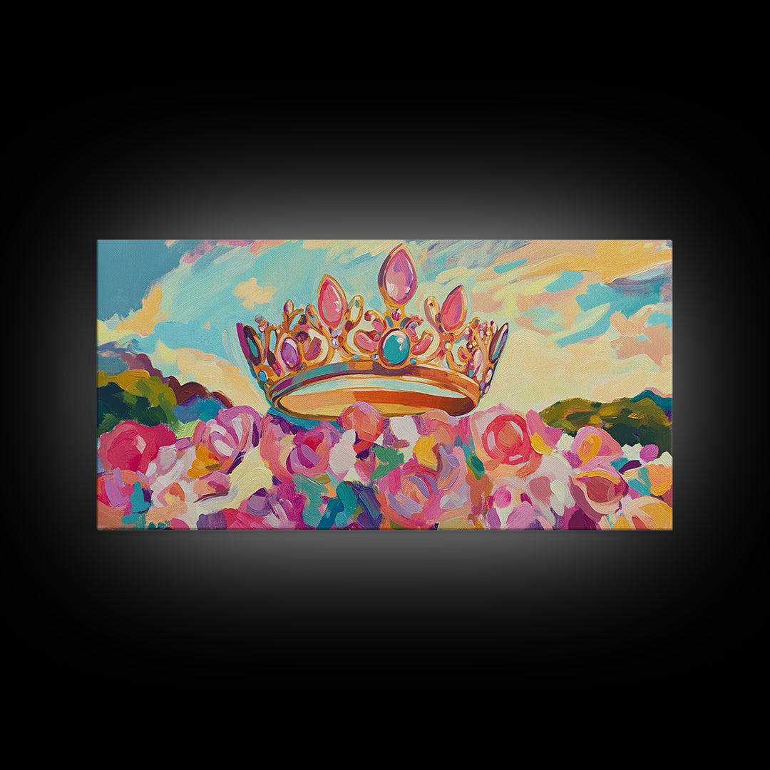 Jeweled Crown Over Pink Roses Canvas Print, Magical Princess Wall Art, Fairytale Nursery Decor, Whimsical Girls Room Gift