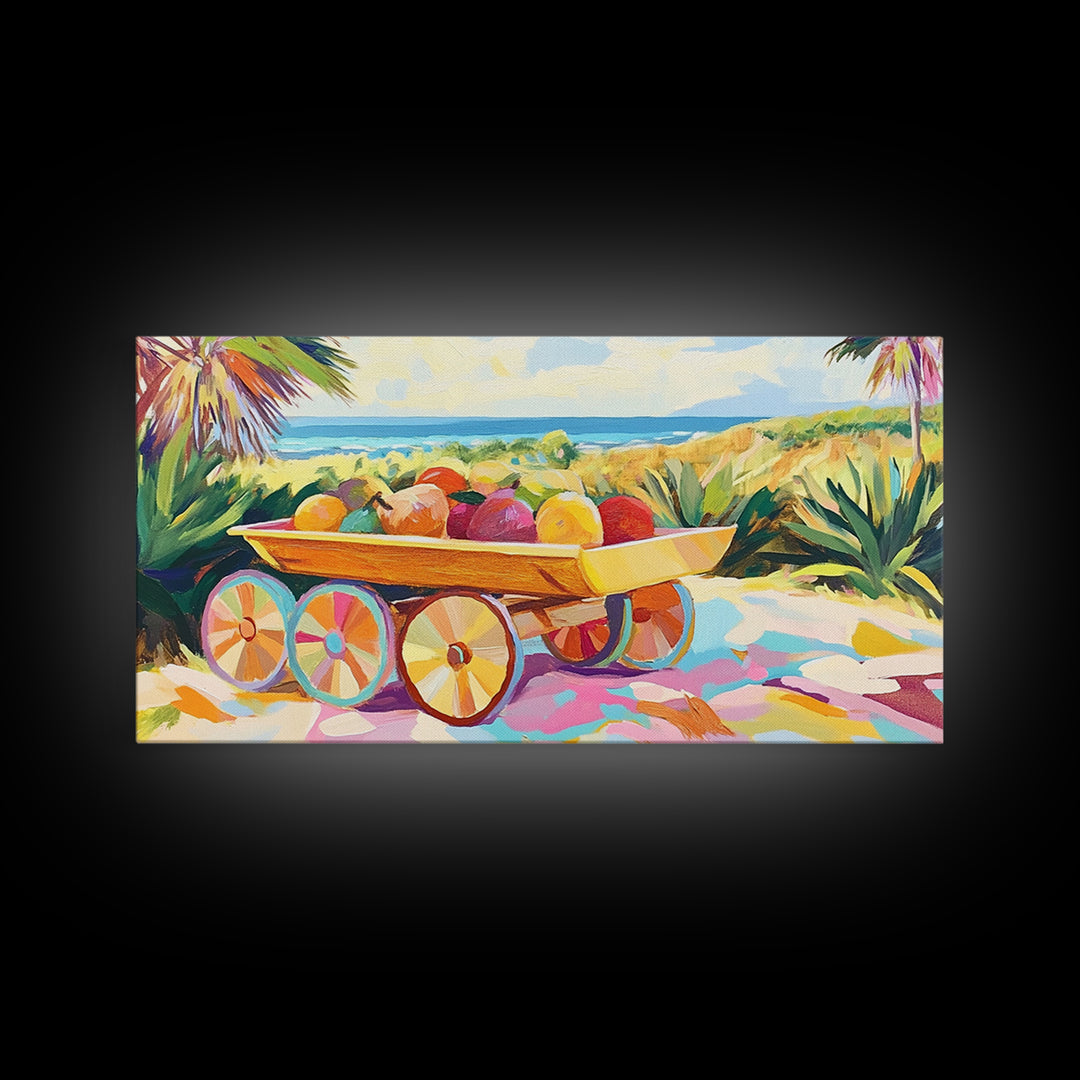 Tropical Fruit Cart By The Sea Canvas Print, Coastal Wall Art, Tropical Beach House Decor, Colorful Summer Kitchen Art Gift